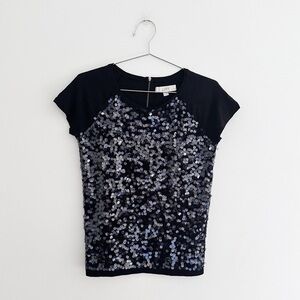 LOFT Black Sequined Short Sleeve Tee Top Size Small Petite
